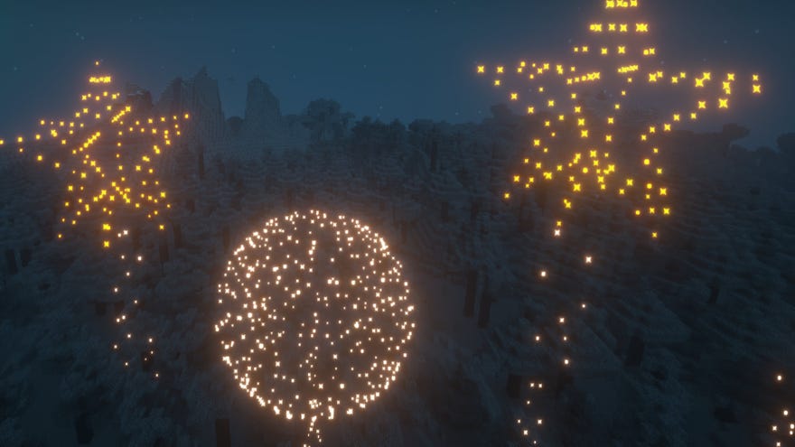 A Minecraft screenshot of a Fireworks display at night.