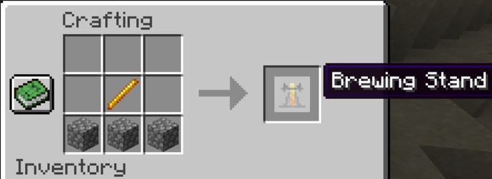 A Minecraft screenshot of a Brewing Stand being made in a Crafting Table.
