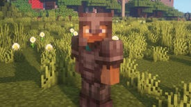 A Minecraft screenshot of a player in full Netherite Armor looking at the camera.
