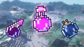 Three Minecraft Potions of different types in the foreground, with a blurred Minecraft landscape in the background.