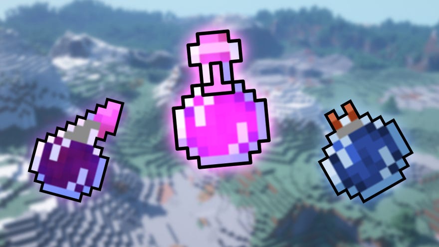 Três poções do Minecraft de diferentes tipos em primeiro plano, com uma paisagem minecraft turva em segundo plano