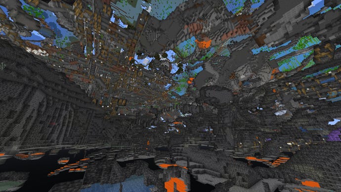 Viser en Minecraft -verden fra langt under y = 0 i tilskuermodus