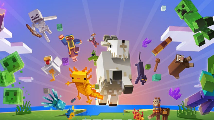 Arte promocional para Minecraft 1.17, com cabras, axolotls e várias outras multidões pulando pelo ar