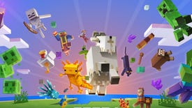 Promotional art for Minecraft 1.17, featuring goats, axolotls, and various other mobs jumping through the air.