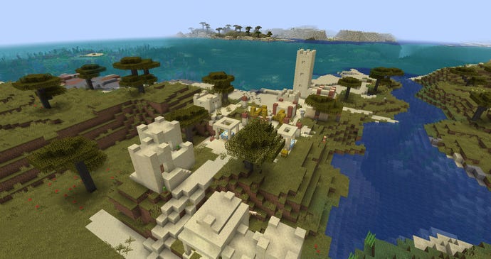 Minecraft experimental snapshot 1.18 - a desert village has spawned in a grassy biome beside the ocean