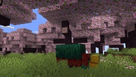 A picture of the Sniffer in the new Cherry Blossom biome in Minecraft.