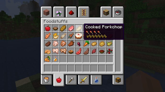 Gracz Minecraft w trybie kreatywnym unosi się nad gotowanym wieprzowiną w swoim ekwipunku i widzi szczegółowe statystyki głodu dzięki MODowi jabłek