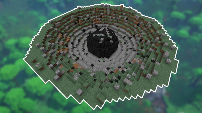 A meteorite from Minecraft's Applied Energistics 2 mod, superimposed over a Minecraft jungle landscape.
