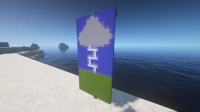 Cờ của một cơn bão sét trong Minecraft, được đặt trên mặt đất gần bờ biển.