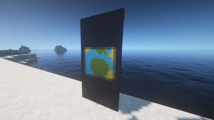 Một lá cờ hành tinh trong Minecraft, được đặt trên mặt đất gần bờ biển.