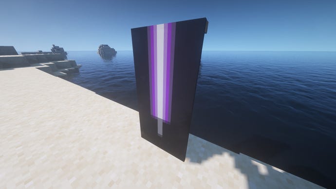 Một lá cờ màu tím với thanh kiếm ánh sáng trong Minecraft, được đặt trên mặt đất gần bờ biển.
