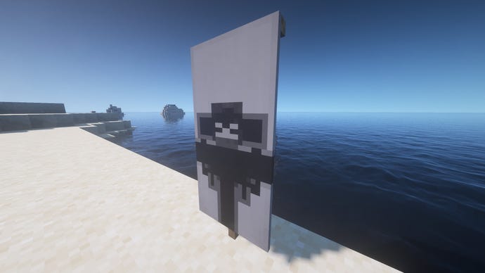A Wither Banner in Minecraft, placed in the ground by the coast.