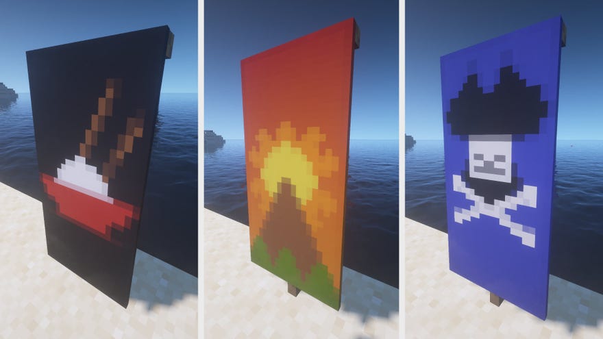 Three Minecraft Banners side-by-side. Left: a bowl of rice. Middle: a mountain landscape. Right: a pirate flag.