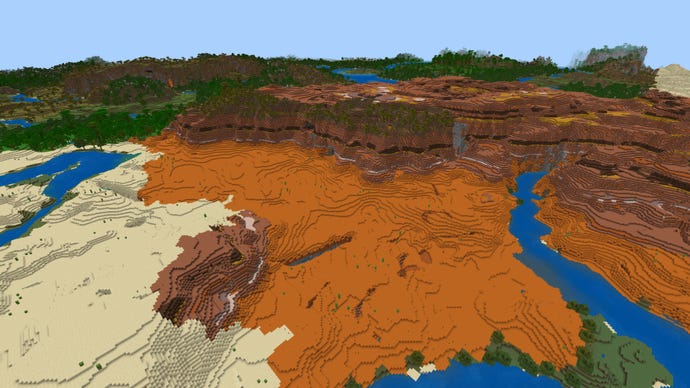 A top-down view of a Badlands biome in Minecraft Bedrock, with the entrance to a ravine in the foreground below.