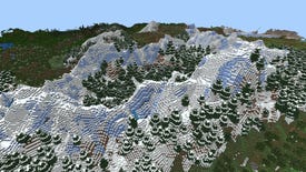 A mountain range of snow and ice in a Minecraft Bedrock world.