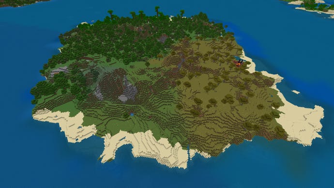 A large island surrounded by ocean in a Minecraft Bedrock world.