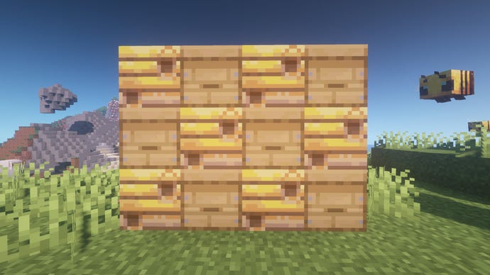 Ένα πλέγμα 4x3 των κυψελών και των φωλιών μελισσών στο Minecraft με μια μέλισσα που πετάει στα δεξιά του πλέγματος των μπλοκ
