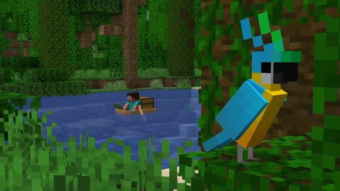 Steve rijt de rivier af in een boot met borst terwijl een papegaai op de bladeren van een jungle -boom zit