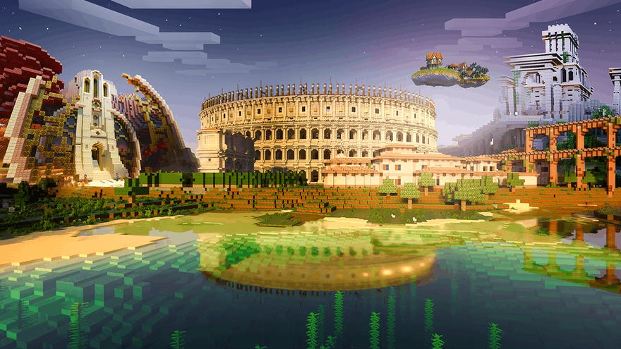 A coliseum in a screenshot of Minecraft with raytracing enabled.