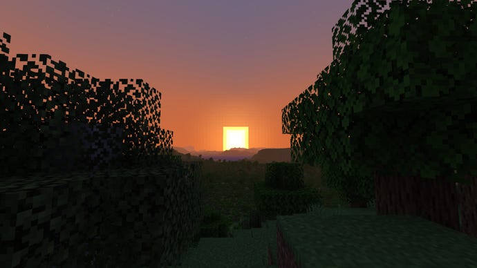 Zachód słońca w Minecraft, uchwycony przy użyciu odległych horyzontów, aby przedłużyć odległość renderowania daleko bardziej niż zwykle