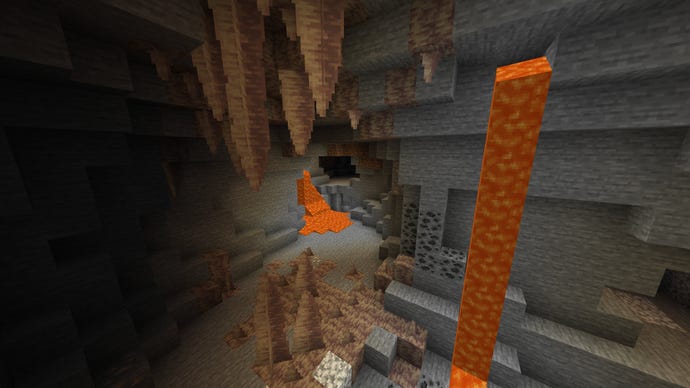 Una grotta di gocciolamento in Minecraft, con stalattiti e stalagmiti che crescono vicino a due Lavafall