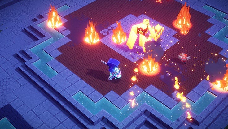 A screenshot of Minecraft Dungeons' Luminous Night update showing the new Wildfire mob in an arena that's increasingly on fire.