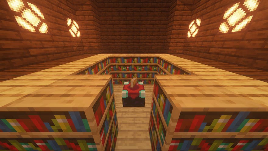 Minecraft में एक करामाती कमरा, बुकशेल्व्स से घिरे एक करामाती मेज से बना है।