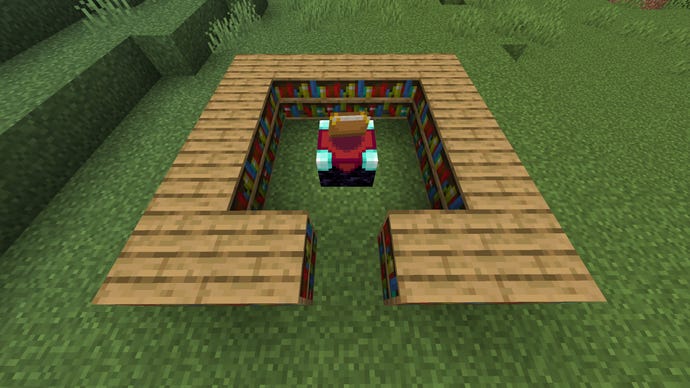 An Enchanting Table in Minecraft, surrounded by 15 Bookshelf blocks.