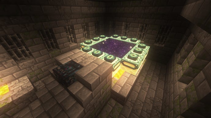A lit End Portal inside the Portal room of a Stronghold in Minecraft.