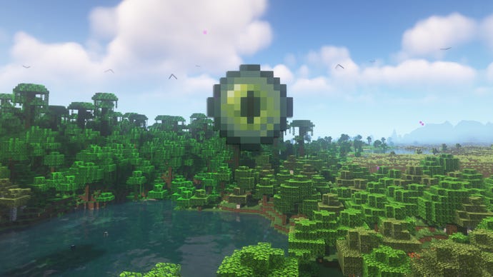 An Eye Of Ender floats above a Minecraft landscape, leading the player towards the nearest Stronghold.