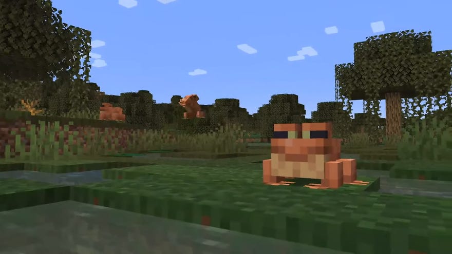 Frø sidder på græs i Minecraft the Wilds