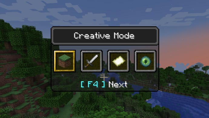 Панелът за превключване на режима на играта в Minecraft, с избран креативен режим