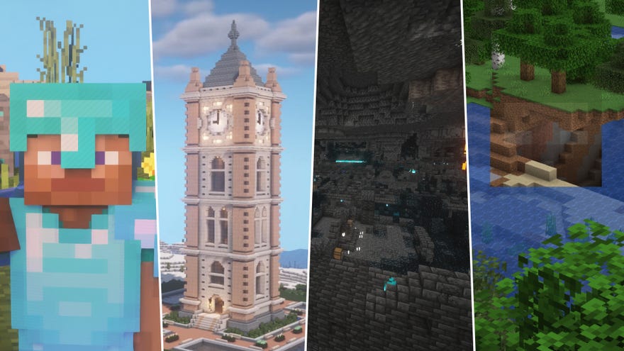 A composite of four Minecraft screenshots. From left to right: a player in Diamond armour, a clock tower build, a Deep Dark biome, and a spectator head floating in the air.