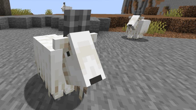 खिलाड़ी से अलग -अलग दूरी पर तीन बकरियों का एक Minecraft स्क्रीनशॉट।