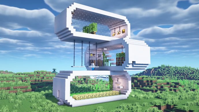 YouTuber Mandumin द्वारे बांधलेले मिनीक्राफ्टमधील 3 मजले पांढरे कंटेनर घर