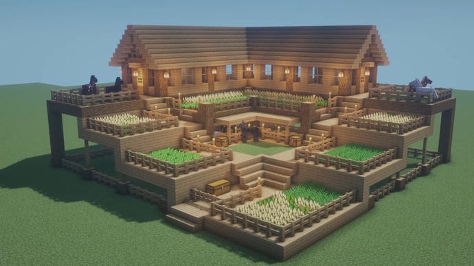 A wooden farmhouse in Minecraft, built by YouTuber 