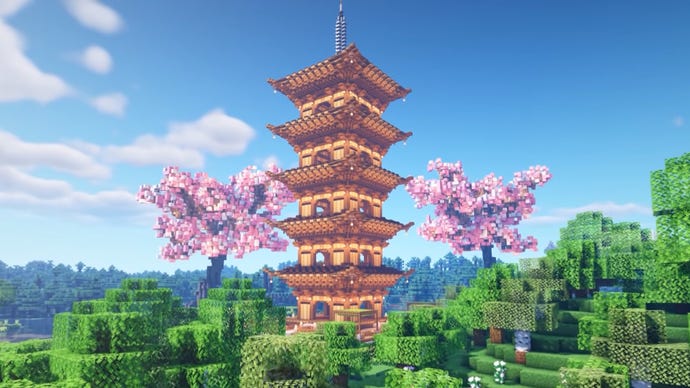 A Japanese pagoda-style house in Minecraft, built by YouTuber SheepGG.