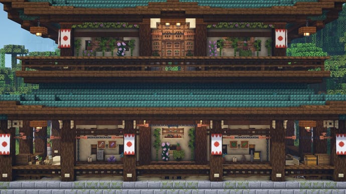 A large Japanese house in Minecraft, built by YouTuber Folli.