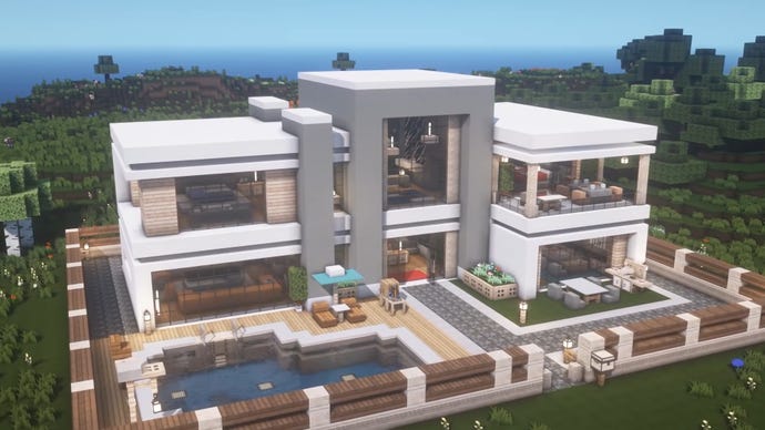 A large modern house in Minecraft, built by YouTuber IrieGenie.
