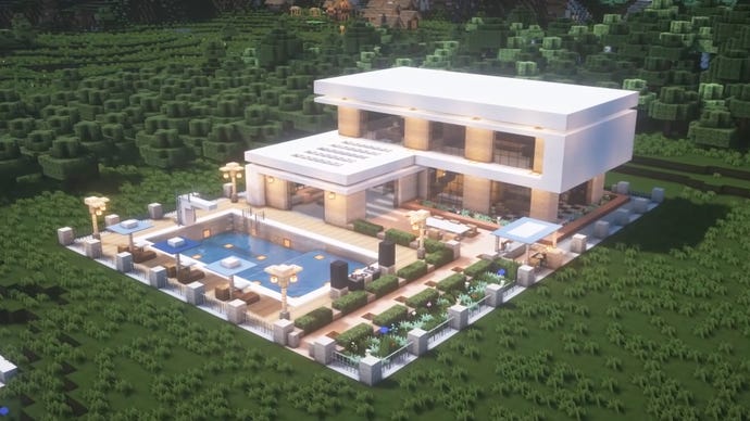 Великий сучасний будинок у Minecraft, укомплектований басейном, побудований YouTuber Iriegenie