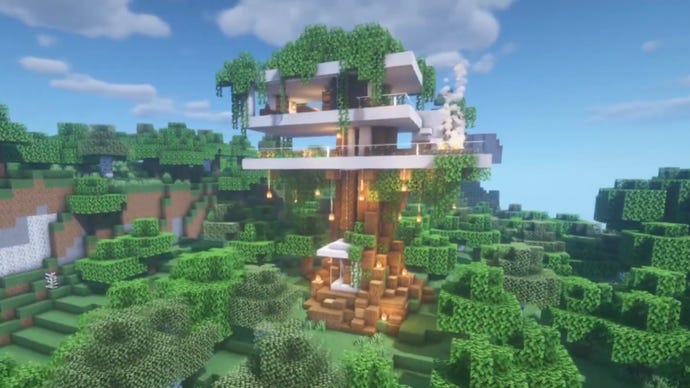 A modern-style treehouse in Minecraft, built by YouTuber "6tenstudio".
