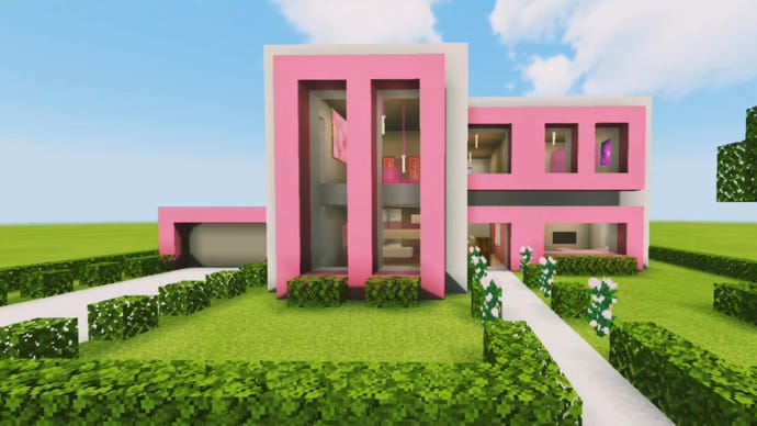 Рожевий сучасний будинок у Minecraft, побудований YouTuber Kam Builder