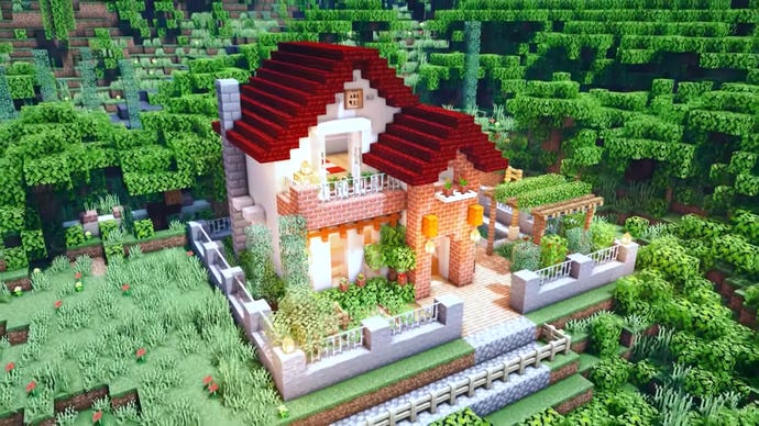A red roof house in Minecraft, built by YouTuber "YalChu's Home".