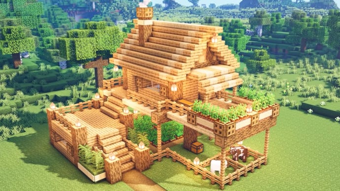 A simple wooden survival house in Minecraft, built by YouTuber SheepGG.