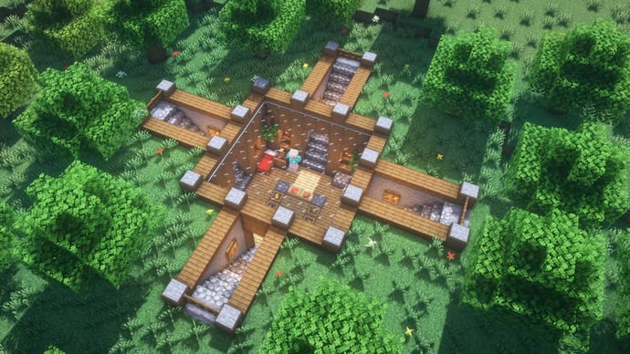 The top of an underground house in Minecraft arranged in the shape of a plus sign, built by YouTuber Folli.