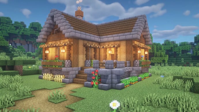 A wooden house in Minecraft, built by YouTuber "One Team".