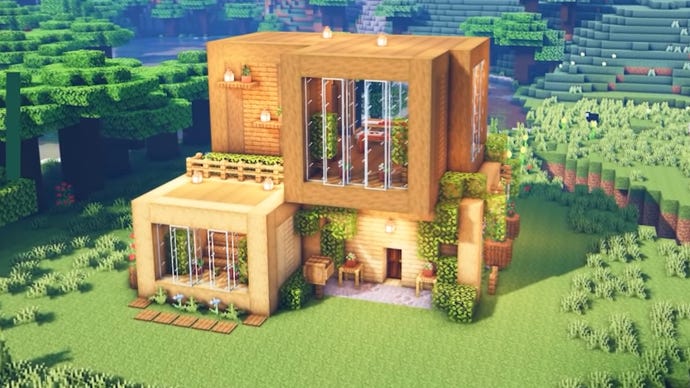 Двоповерховий дерев’яний будинок у Minecraft, побудований YouTuber Sheepgg