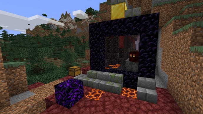 A Minecraft player looks through a portal in the Overworld and sees the Nether through it, thanks to the Immersive Portals mod.
