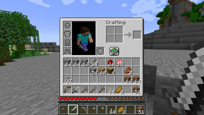 A Minecraft player runs along while the inventory is open, using the InvMove mod.