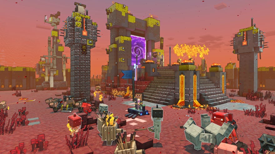 A battle takes place outside a Nether Portal in Minecraft Legends.